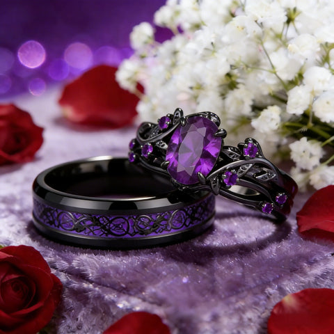 Charm Couple Rings Romantic Women Purple Rhinestones CZ Rings Set Trendy Jewelry