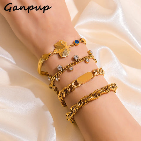Stainless Steel Metal Gold Color Charms Bracelet For Women Texture Antiallergic Wrist Chain