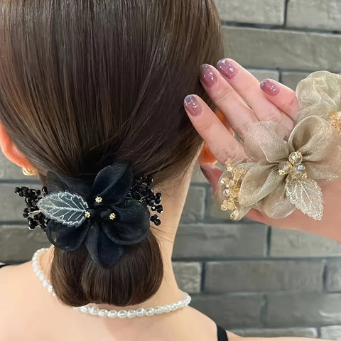 Embroidered Leaf Mesh Ponytail Headband