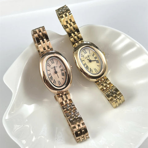Mid Ancient Style Oval Dial Small Watch Adjustable Steel Strap Quartz Wristwatch