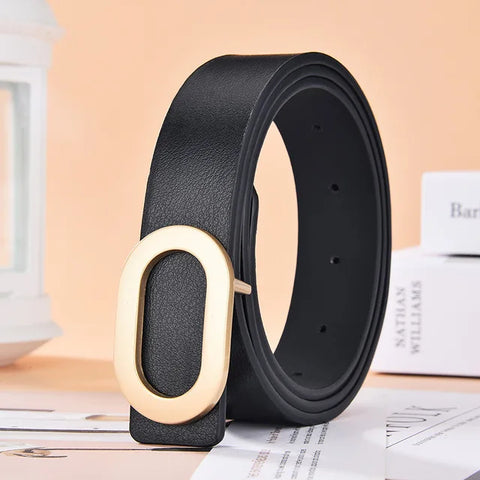 Women Round Square Buckle Pin Buckle Jeans Black Belt