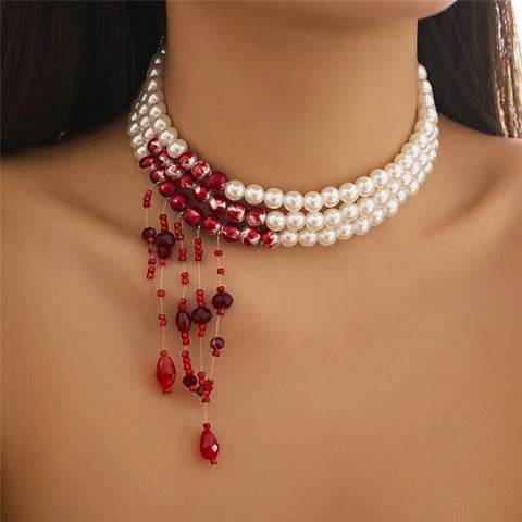 Multilayer Vintage Red Blood Pattern Imitation Pearl Tassel Pendant Necklace for Women