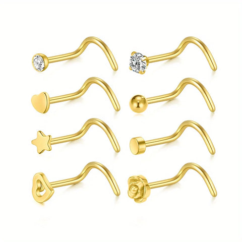Elegant Stainless Steel Nose Rings Set Synthetic Zirconia Curved Rod Nose Studs