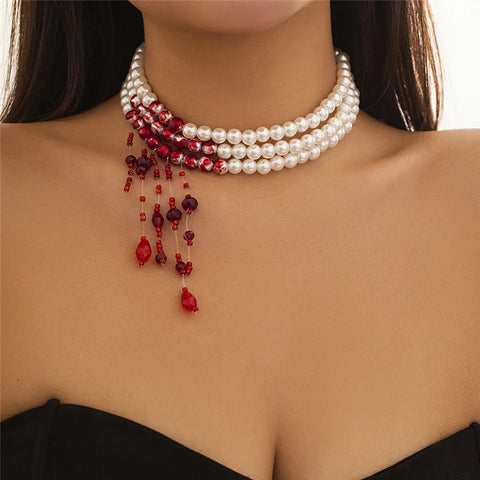 Multilayer Vintage Red Blood Pattern Imitation Pearl Tassel Pendant Necklace for Women