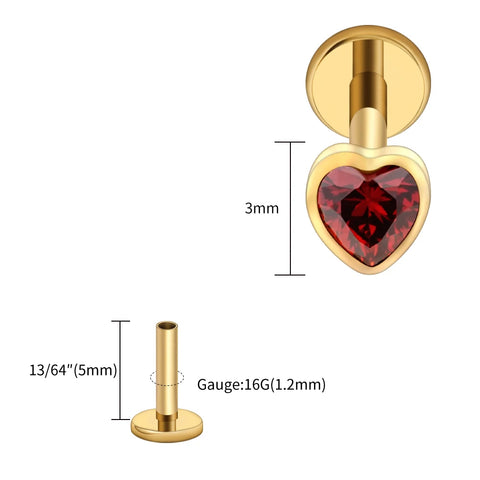 Titanium Heart Shaped CZ Flat Back Labret Stud Cartilage Helix Ear Piercing