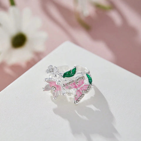 Aesthetic Flower Butterfly Rings for Female Romantic Rhinestone Stylish Opening Ring