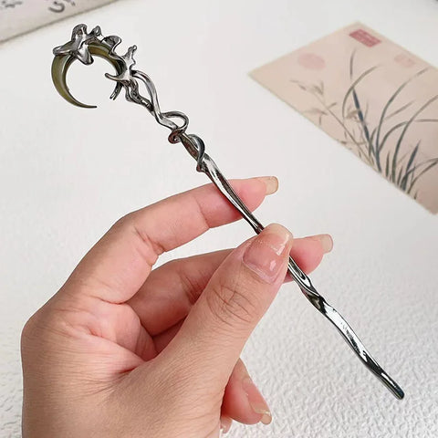 Crystal Moon Hair Stick for Women Vintage Metal Chinese Style Chopstick Shaped Hairpin