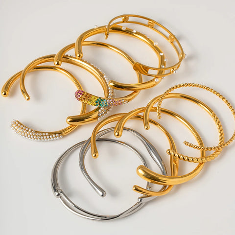 Waterproof Metal Texture 18K Gold Color Stainless Steel Cuff Open Bracelet