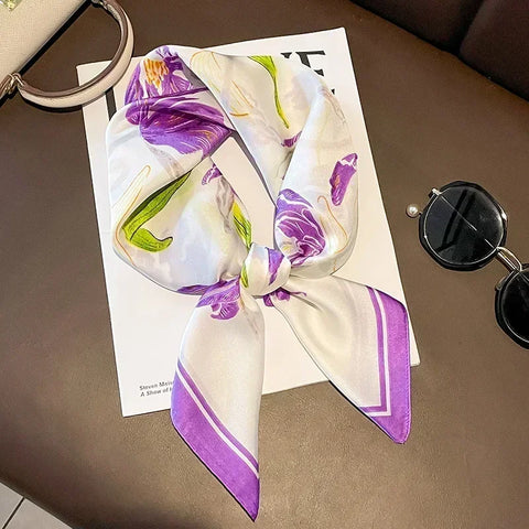 Print Silk Square Scarf Women Soft Satin Horse Hairband Neckerchief Office Hijab Headband