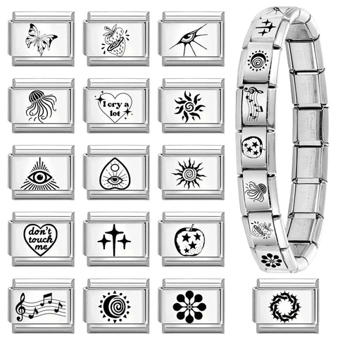 Black Engraving  Eye Jellyfish Butterfly Sun Moon Silver Charm Links