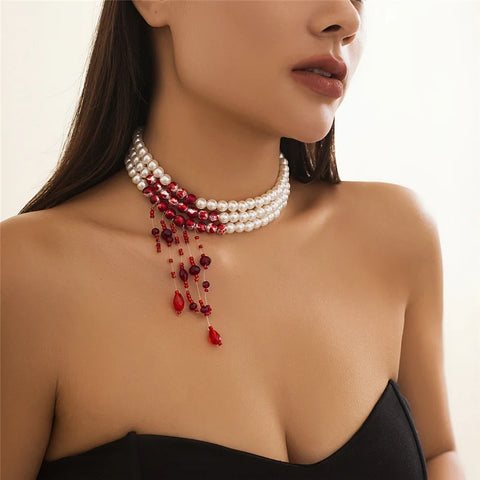 Multilayer Vintage Red Blood Pattern Imitation Pearl Tassel Pendant Necklace for Women