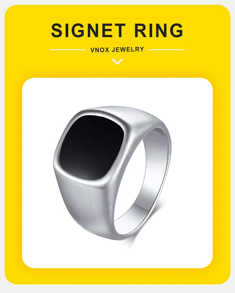 Signet Ring for Men Black Square Top Stainless Steel Finger Band Gothic Rings