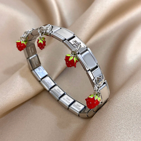 Stainless Steel Strawberry Pepper Cherry Pendant Elastic Bangles Bracelets