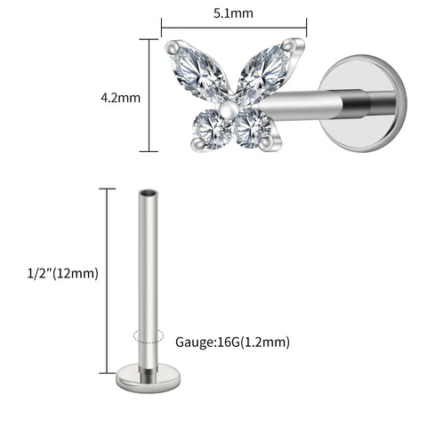 Titanium Mini Butterfly CZ Labret Tragus Cartilage Conch Forward Helix Stud