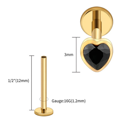 Titanium Heart Shaped CZ Flat Back Labret Stud Cartilage Helix Ear Piercing