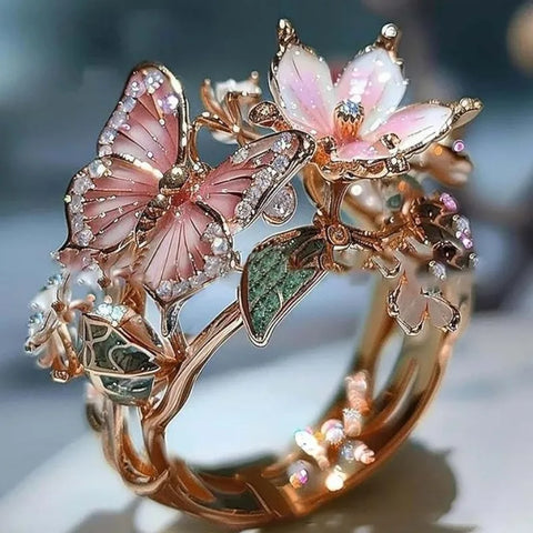 Aesthetic Flower Butterfly Rings for Female Romantic Rhinestone Stylish Opening Ring