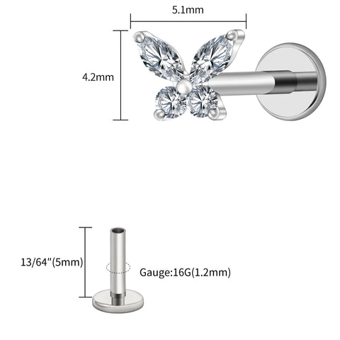 Titanium Mini Butterfly CZ Labret Tragus Cartilage Conch Forward Helix Stud