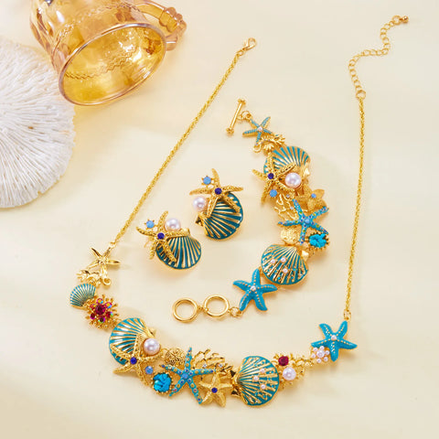 Starfish Shell Pearl Necklace for Women Summer Ocean Coral Scallop Pendant