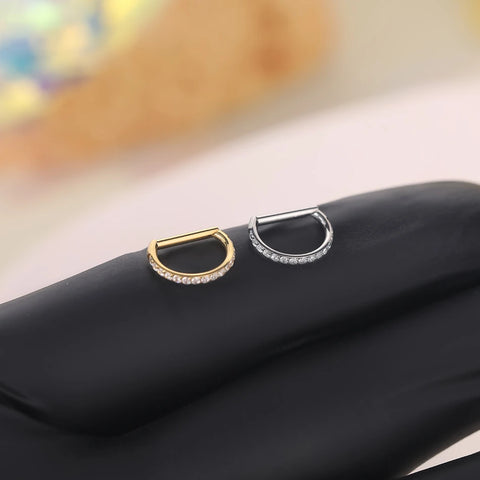 Titanium Hinged Segment Ring D-Shape with Side Crystals Septum Cartilage Helix