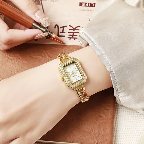 Ladies fashion bar scale square dial buckle shaped steel strip with diamonds outer shell quartz watch