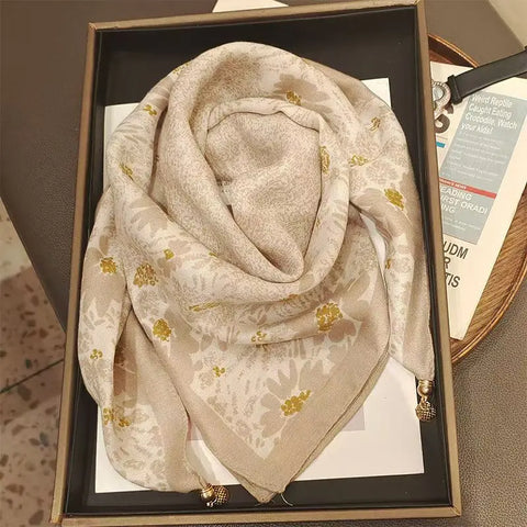 Plaid Flower Print Scarves With Magnetic Buckle Square Cotton and Linen Neck Wraps