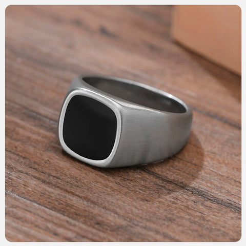 Signet Ring for Men Black Square Top Stainless Steel Finger Band Gothic Rings
