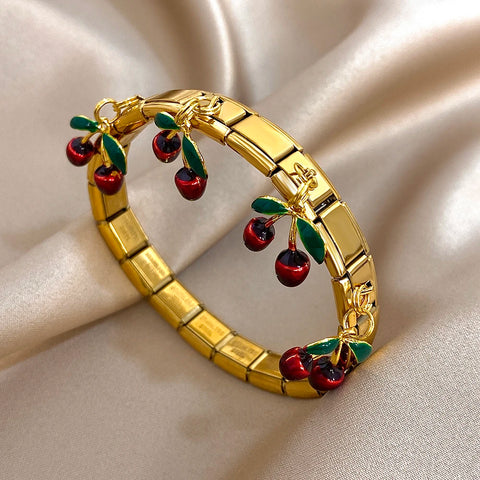 Stainless Steel Strawberry Pepper Cherry Pendant Elastic Bangles Bracelets