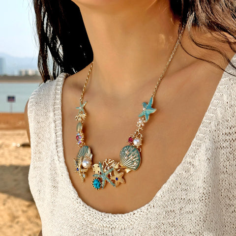 Starfish Shell Pearl Necklace for Women Summer Ocean Coral Scallop Pendant