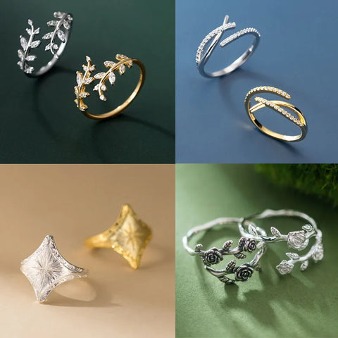 Sterling Silver Rings For Women Geometric Fine Jewelry Finger Adjustable Plant Leaf Star Zircon Ring